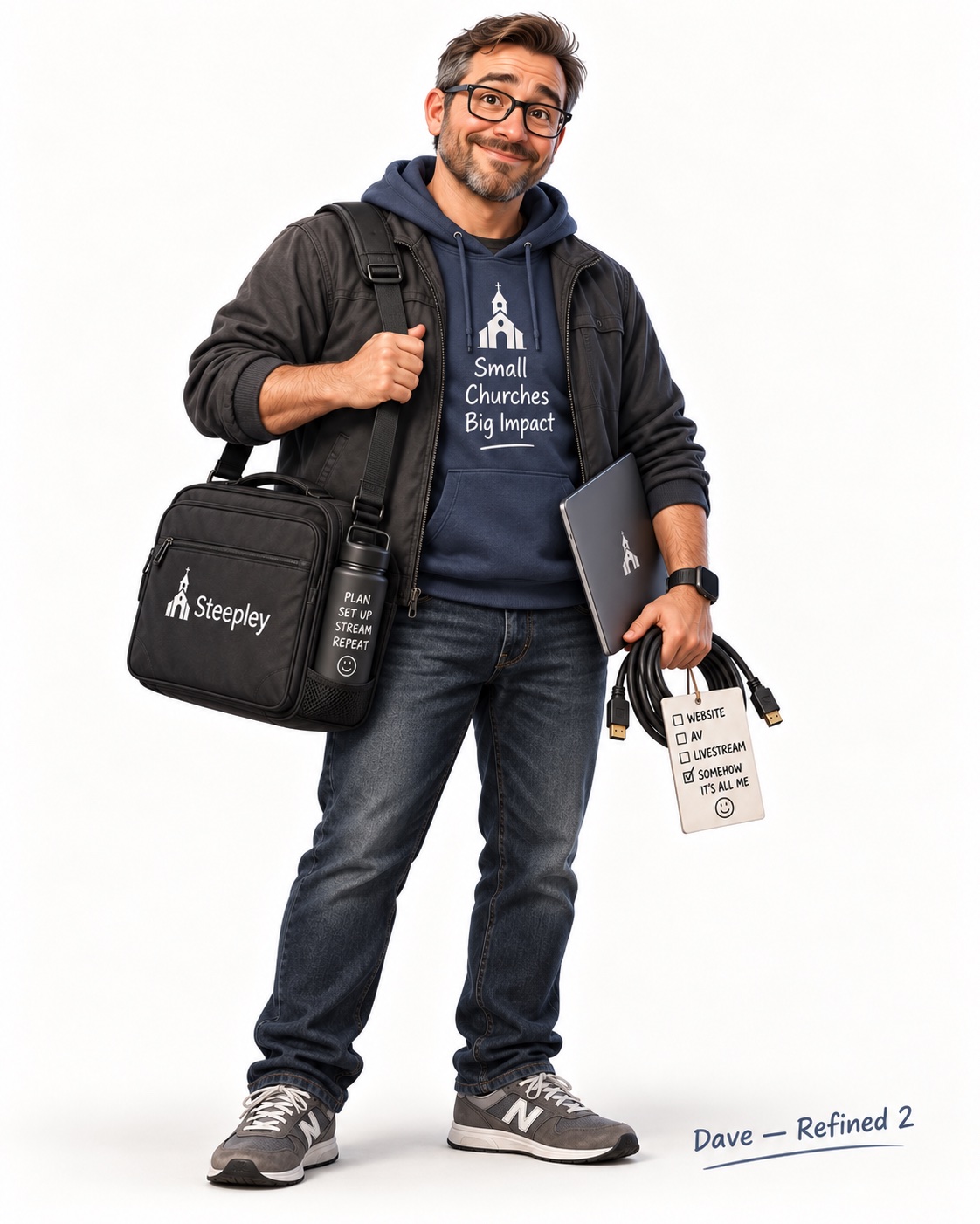 Dave, Steepley’s mascot: a bearded guy in a navy hoodie, laptop under one arm, HDMI cables in the other, looking like the entire church tech team.